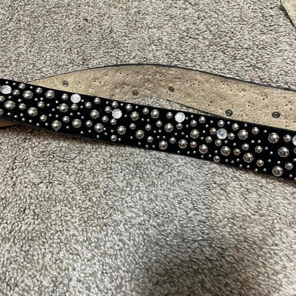 Black leather belt with silver studs and faux diamonds